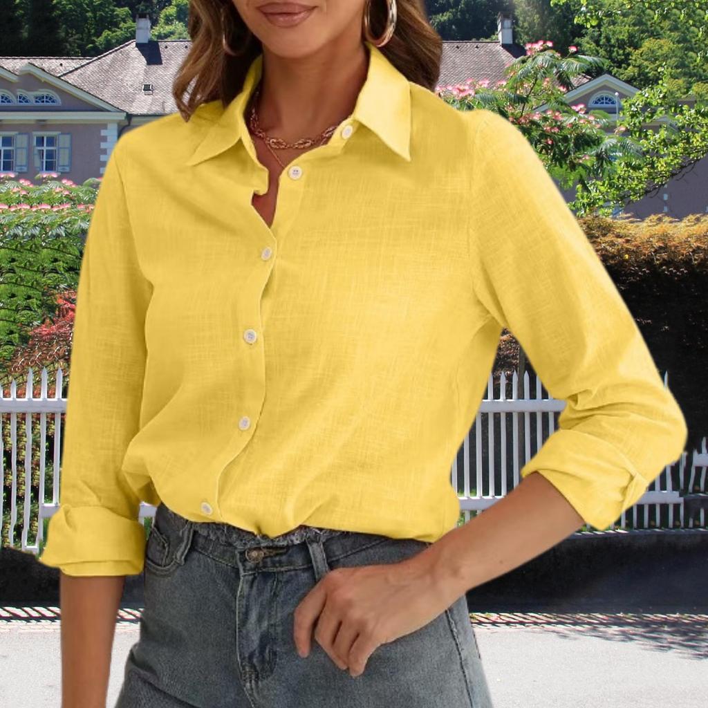 Damenmode Knopfhemdkleid Baumwolle Langarm Faltenfrei Oberteil Arbeit Business Casual Oberteil