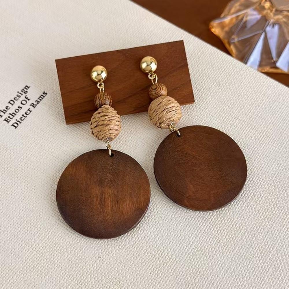 Brown Wooden Drop Earrings Flower Beads Dangle Earrings New Woven Tassel Earrings Beach