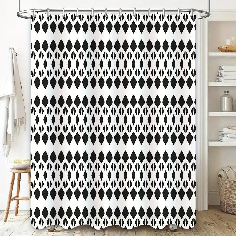 Modern Black White Diamond Shower Curtain for Bathroom Decor Easy Install Hookless Shower Curtain 60x72 Inches