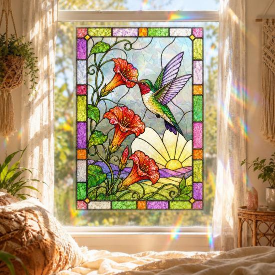 Removable Festive Glass Decor Stained Static Window Clings, Hummingbird Flower Stickers, Home Privacy Screen PVC Decals for Door Sunroom Decoration
