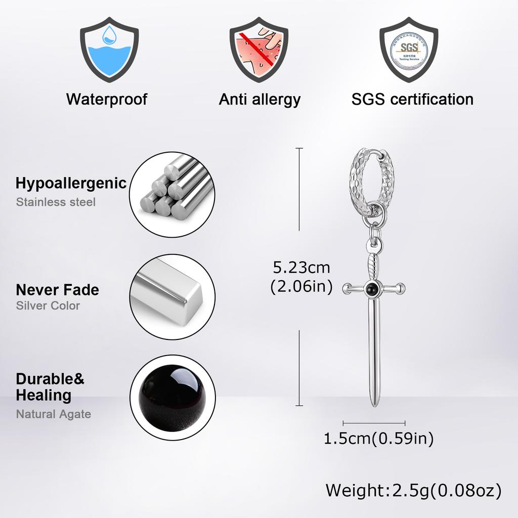 Vnox Stainless Steel Black Onyx Sword Huggie Hoop Earrings Punk Rock Dangle Earring for Men Women Couples Trendy Gothic Jewelry