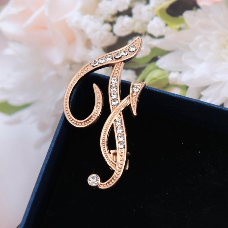 Fashion Women Rhinestone Brooch A-Z English Letter Gold Color Metal Pins Crystal Alphabet Jewelry Shirt Clothes Accessories Gift