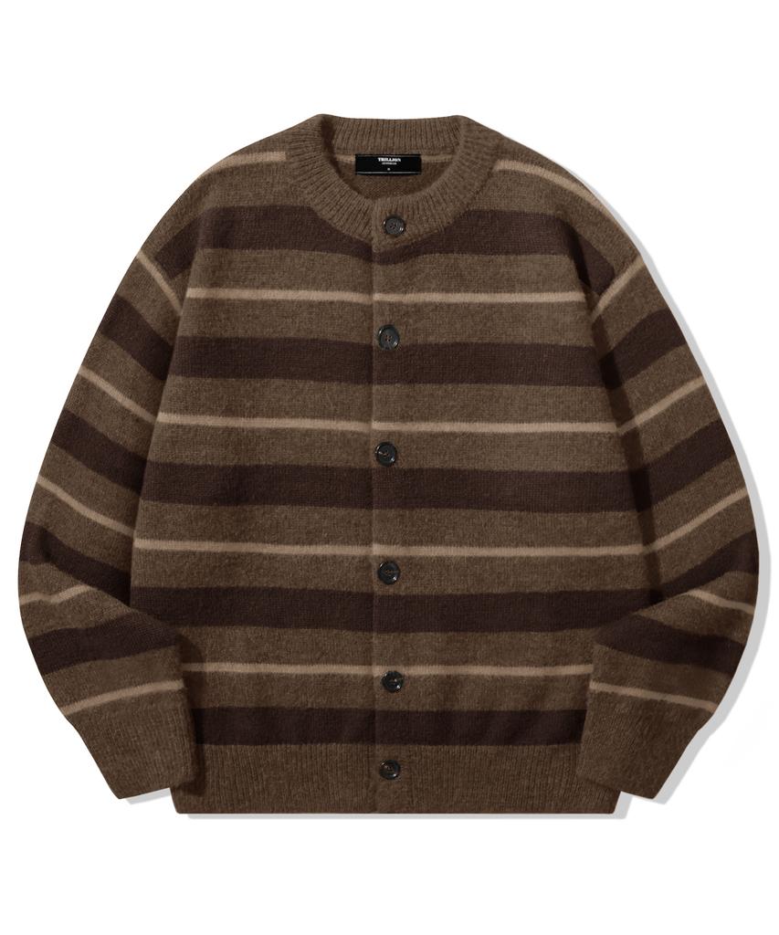 TRILLION Washable Hairy Striped Button Cardigan Knit_Brown