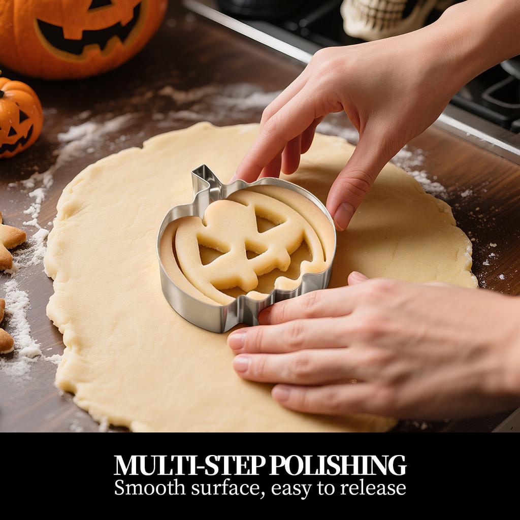 5 Pc Halloween Stainless Steel Cookie Cutter Set Bat Cat Ghost Hat Pumpkin Easy Press Quick Release for Home Baking