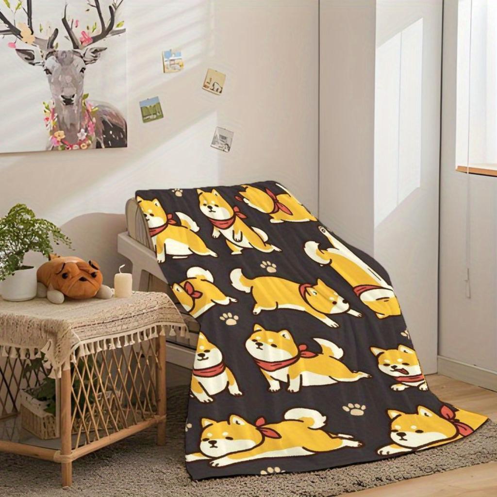 Cute Shiba Inu Pattern Flannel Blanket - Bed, Sofa, Office, Travel, Gift, Decoration, Comfortable and Warm, Christmas