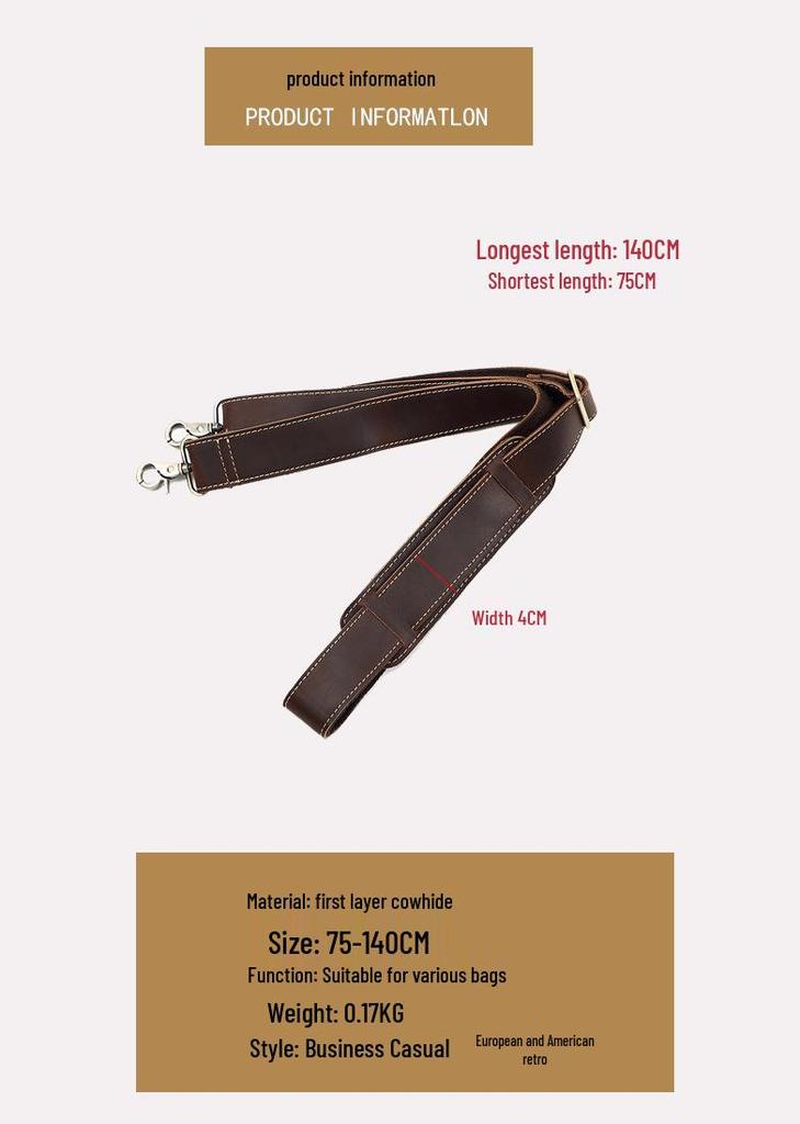 Men's Retro Crossbody Bag Strap - Cowhide Leather, Crazy Horse Finish, Adjustable Length, with Shoulder Pad, European and American Style.