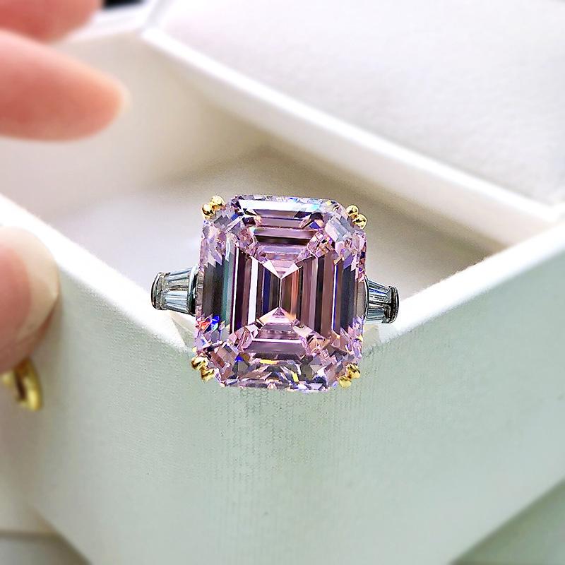 Lulu Tong S925 Silver Square Emerald-Cut Ring with Simulated High Carbon Diamond for Women