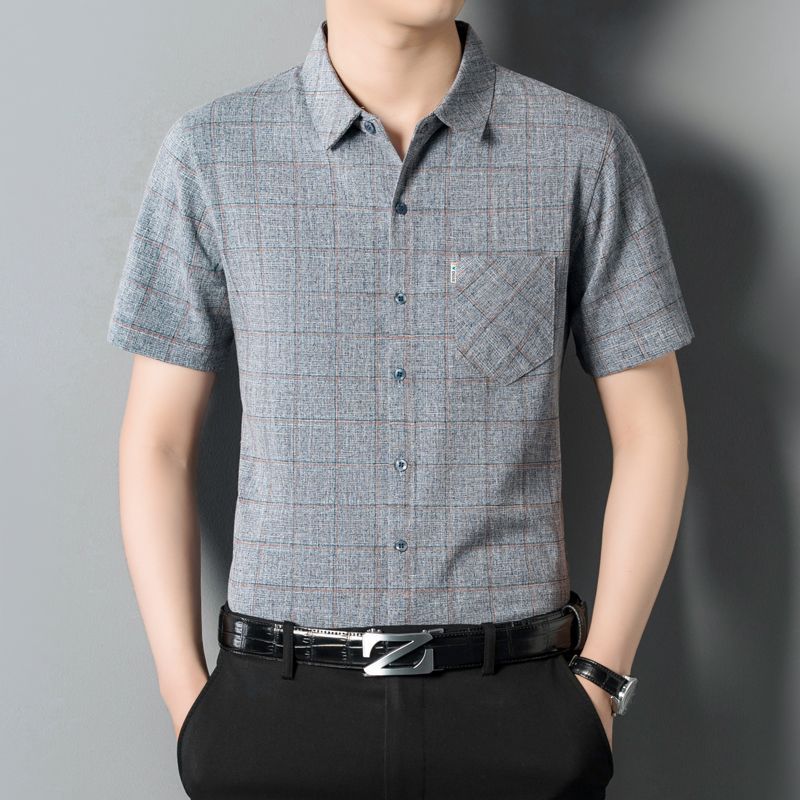Men s Blue Plaid Short Sleeve Button Down Casual Business Shirt M серый
