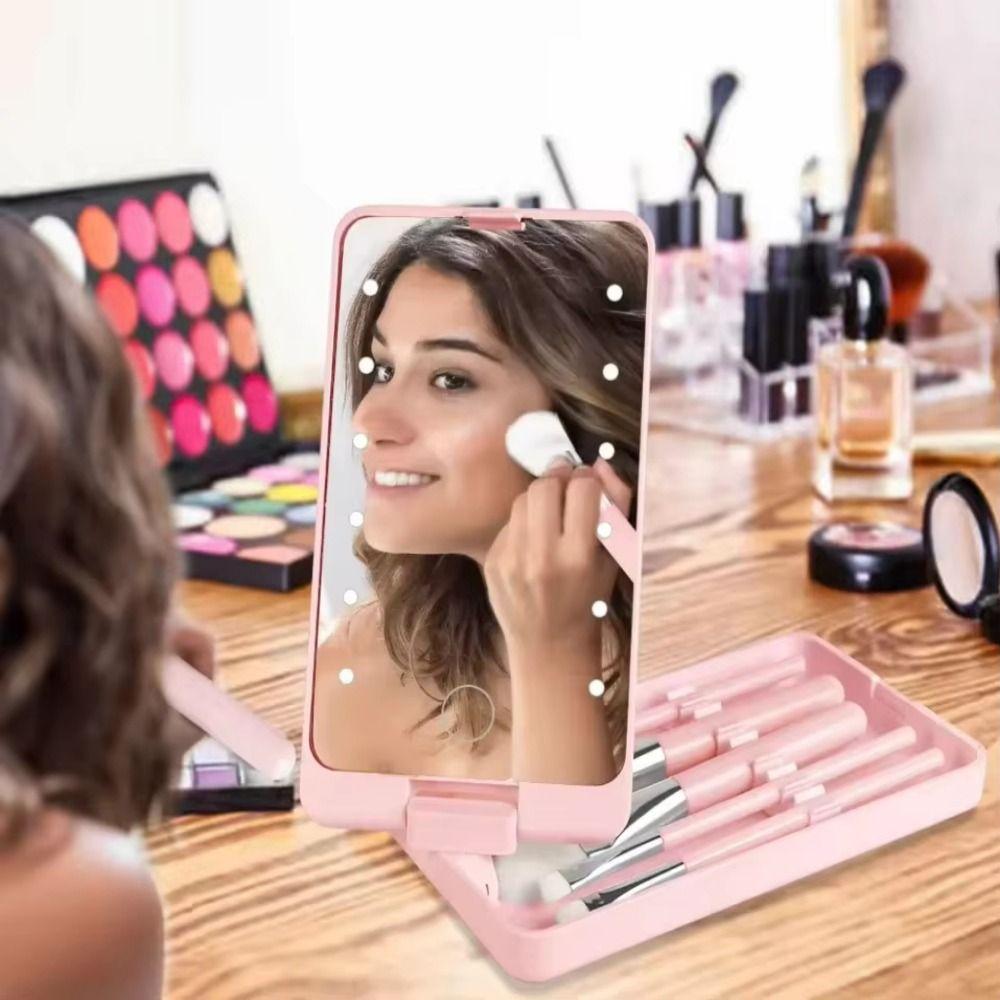 Rotatable Mirror LED Makeup Mirror Brush Set Mini Cosmetic Brushes Pocket Mirror  Dormitory