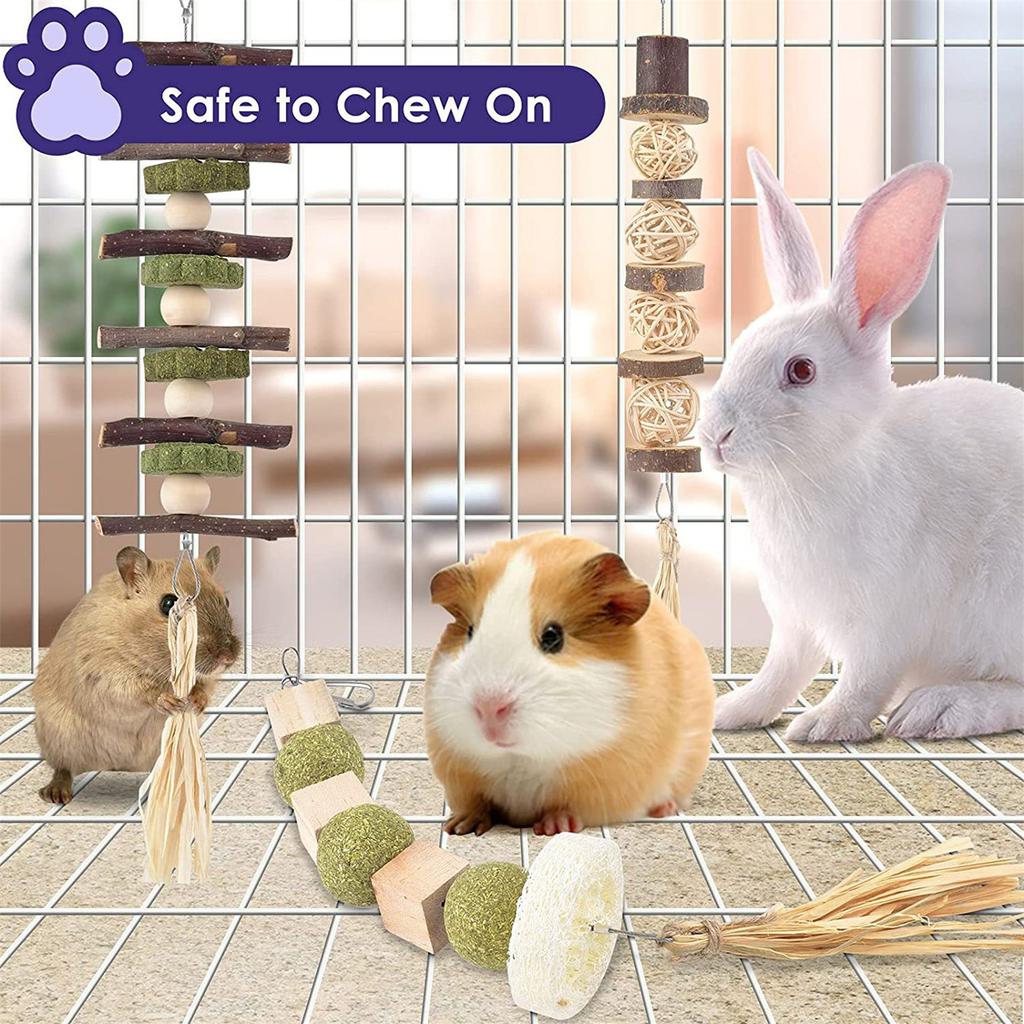 3 pièces Jouet à mâcher Lapin pour les dents Boule de foin Bloc de bois Mastications d'herbe Sûr et Naturel pour Hamsters Cobayes Gerbilles