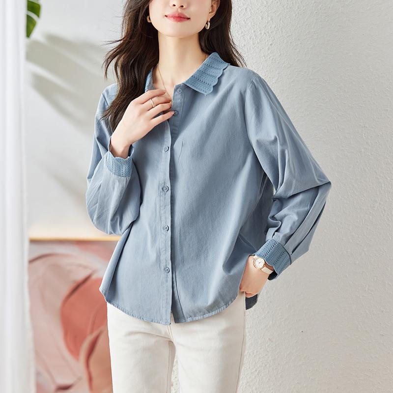 Apricot Color White Lace Collar Blouse for Women with Long-sleeved Spring Cotton Blouse M