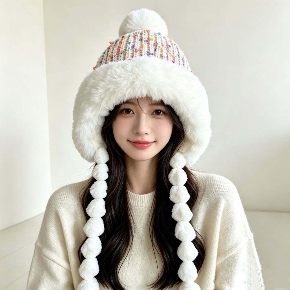Fur Brim Pompom Braids Hat Striped Knit Earflap Winter Cap Fleece Knit Beanie Teens