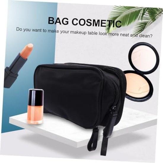 No-brand nylon material black double-layer makeup travel bag cosmetic zipper dirt-resistant essential protection easy use storage bathroom pouch.