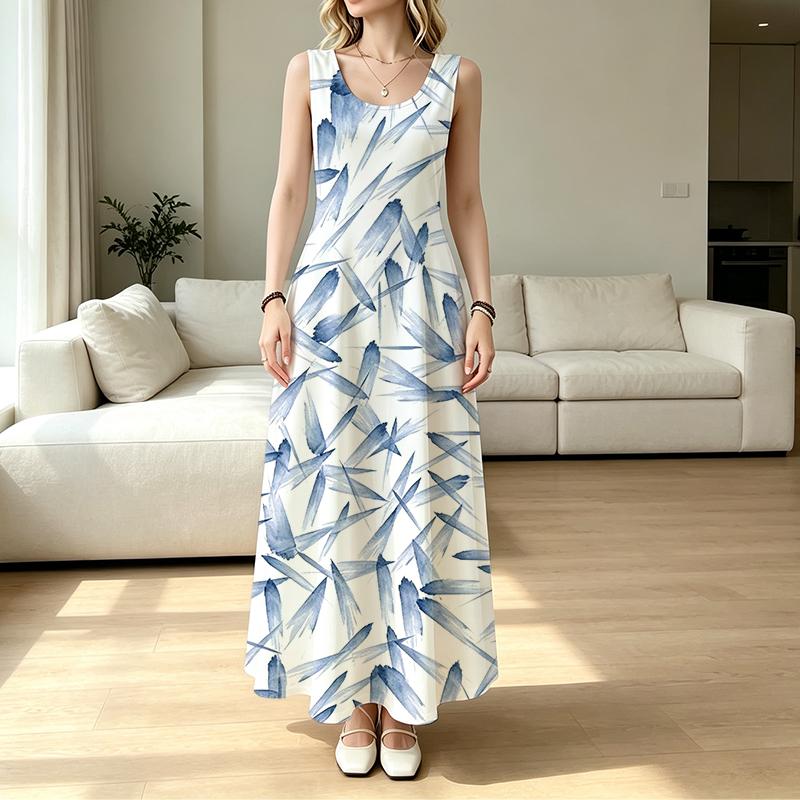 Women's Sleeveless Long Dress,Minimalist Blue White Brush Stroke,Loose Lightweight,Ideal for Beach Vacation & Daily Summer Casual Wear