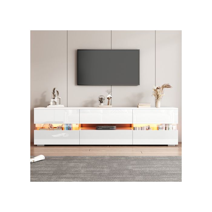 Modernt TV-bänk, blank vit, 160x39x45 cm, med LED-belysning, 2 dörrar, 1 låda