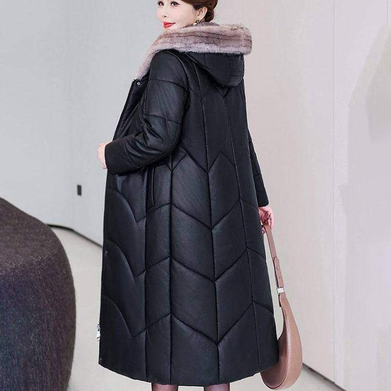 Winter Genuine Leather Jacket  Windproof Long Sheepskin Coat Slim Hooded Alpaca Overcoat