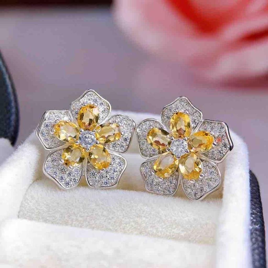 Citrine Stud Earrings: S925 Silver with Natural Design