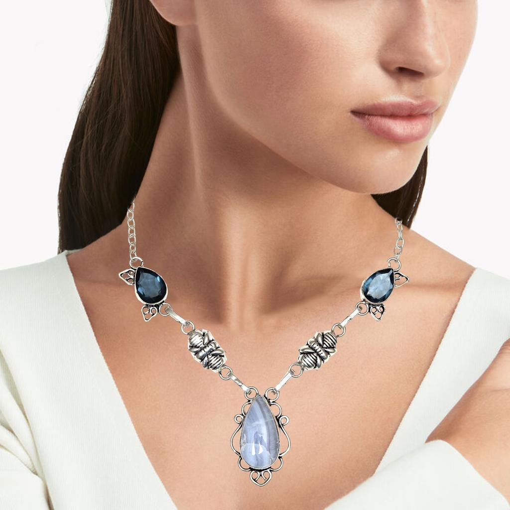 Lace Agate Pendant Blue Silver Jewelry 2.75" Gemstone Quartz Tanzanite