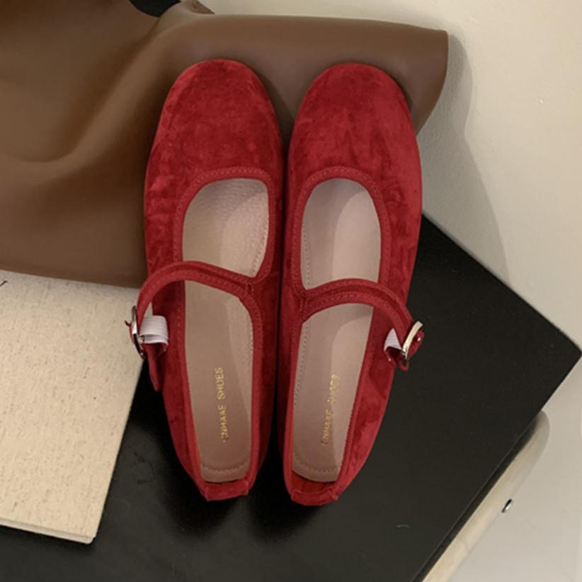 Fashion IPPEUM Velvet Ballet Flats For Women Red Round Toe Buckle 2025 New Ballerinas Zapatos Mujer