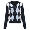 2024 Autumn Women's American Retro V-neck Diamond Pattern Cropped Knit Cardigan