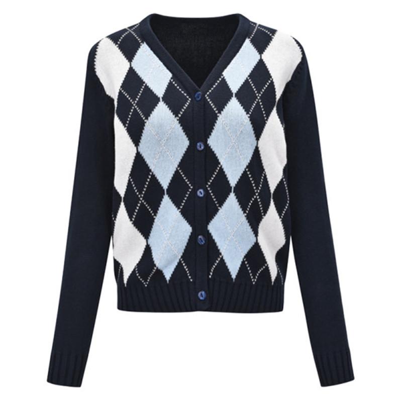 2024 Autumn Women's American Retro V-neck Diamond Pattern Cropped Knit Cardigan