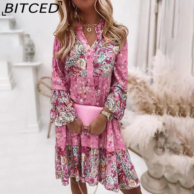 BITCED Women Fashion Bohemian Floral Print V Neck Mini Dresses Casual Loose Elegant Ladies Beach Party Flare Sleeve Dress
