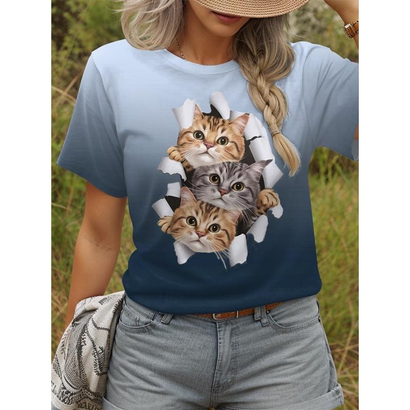 Women's T Shirt Cat Graphic Animal Stylish Classic Casual Short Sleeve Crew Neck Regular Tops Daily Weekend Print Summer Spring