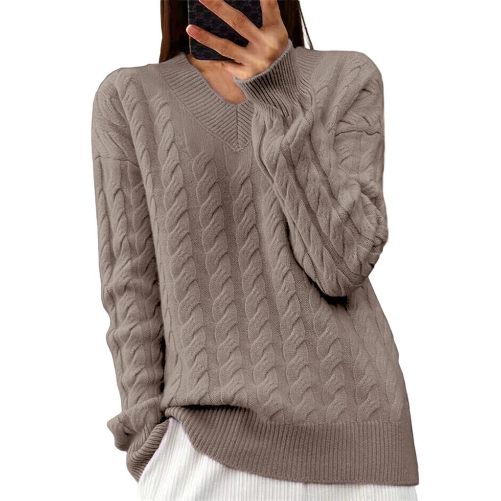 Women's Fashion Solid Colour Long Sleeve Twisted Flower V-Neck Knitwear Pullover Top Sweater