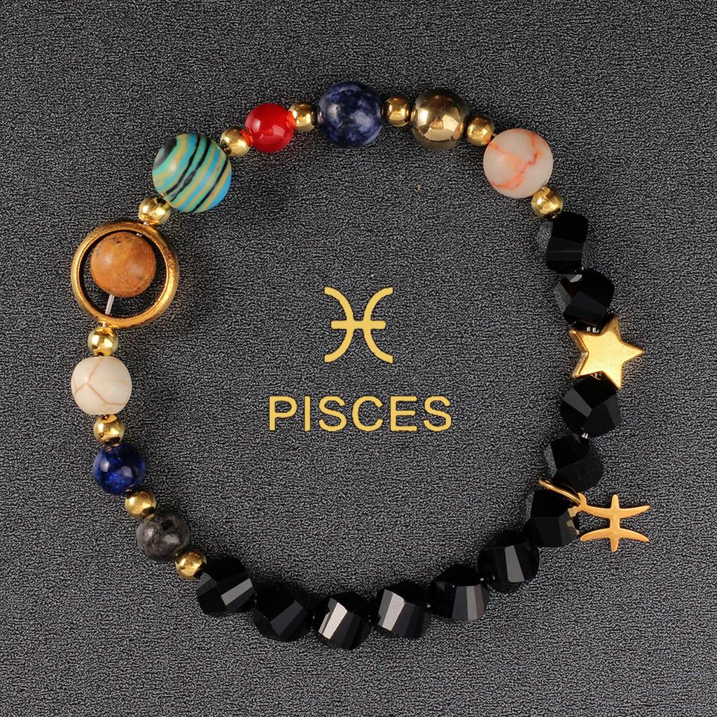 1PC Cosmic Planet Beaded Twelve Constellation Bracelet, Black Stone Twelve Constellation Beaded Bracelet