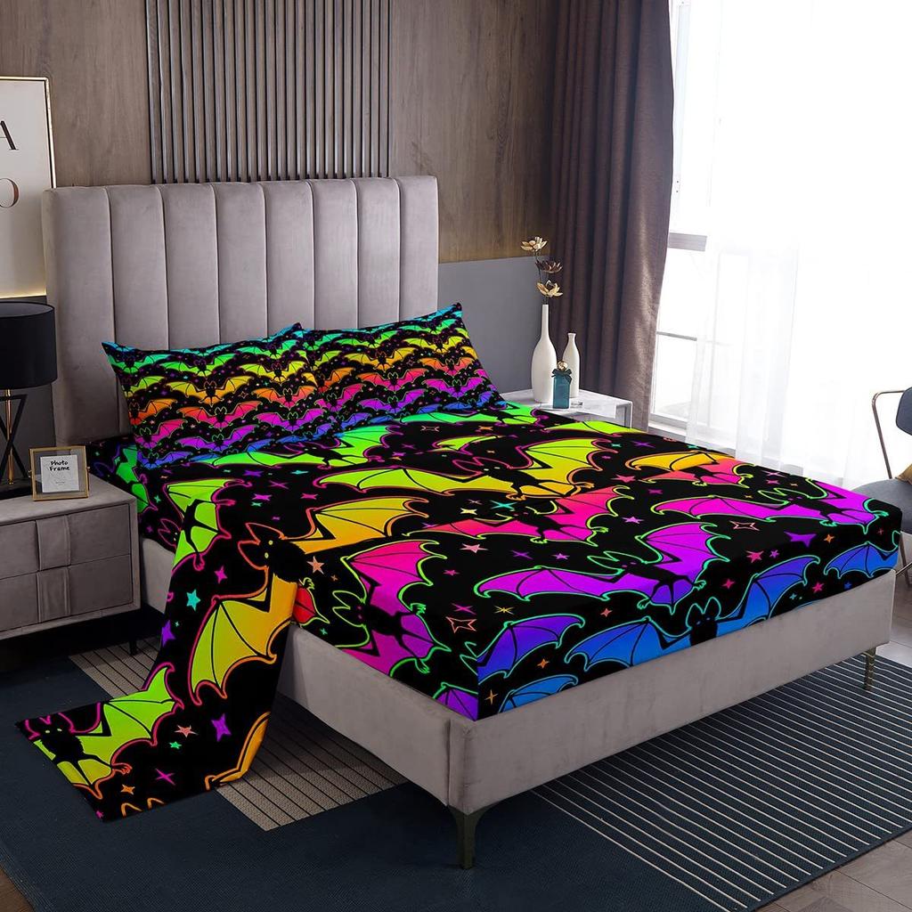 Halloween Bat Pattern Bed Hat Four-Piece Bedding Set Bedroom Dormitory Bedding Decoration