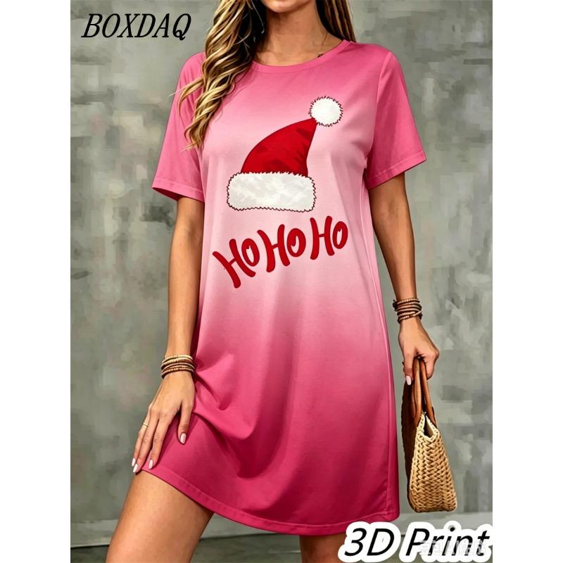 Fashion Elegant Christmas Printed Dress For Women Short Sleeve O-Neck Christmas Hat Letter Pattern Loose Mini Dress Casual Robe