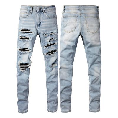 Light Blue Jeans Fashion Men's Trousers Straight High Street Jeans Patch Holes Jeans Slim Thin Small Leg Trousers