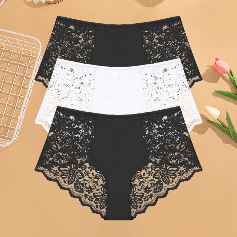 3Pcs Women's Lace Panties Sexy Hollow Out Boyshort Underwear Transparent Floral Underpants Girls Tempting Lingerie S-XXL