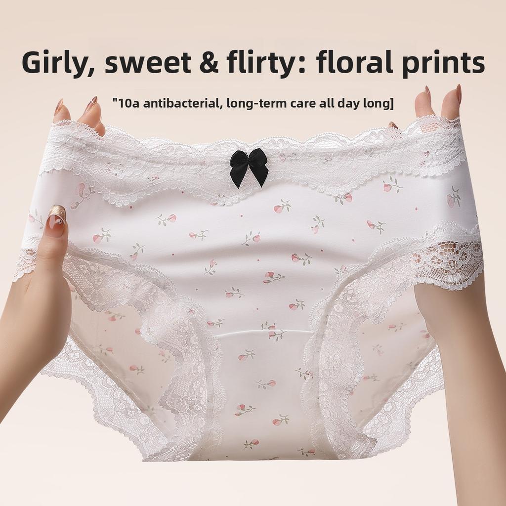 Girl Spring and Summer Broken Flower Bow Lace Frivolous Cool Feeling Ice Silk High Bullet Speed Dry Briefs