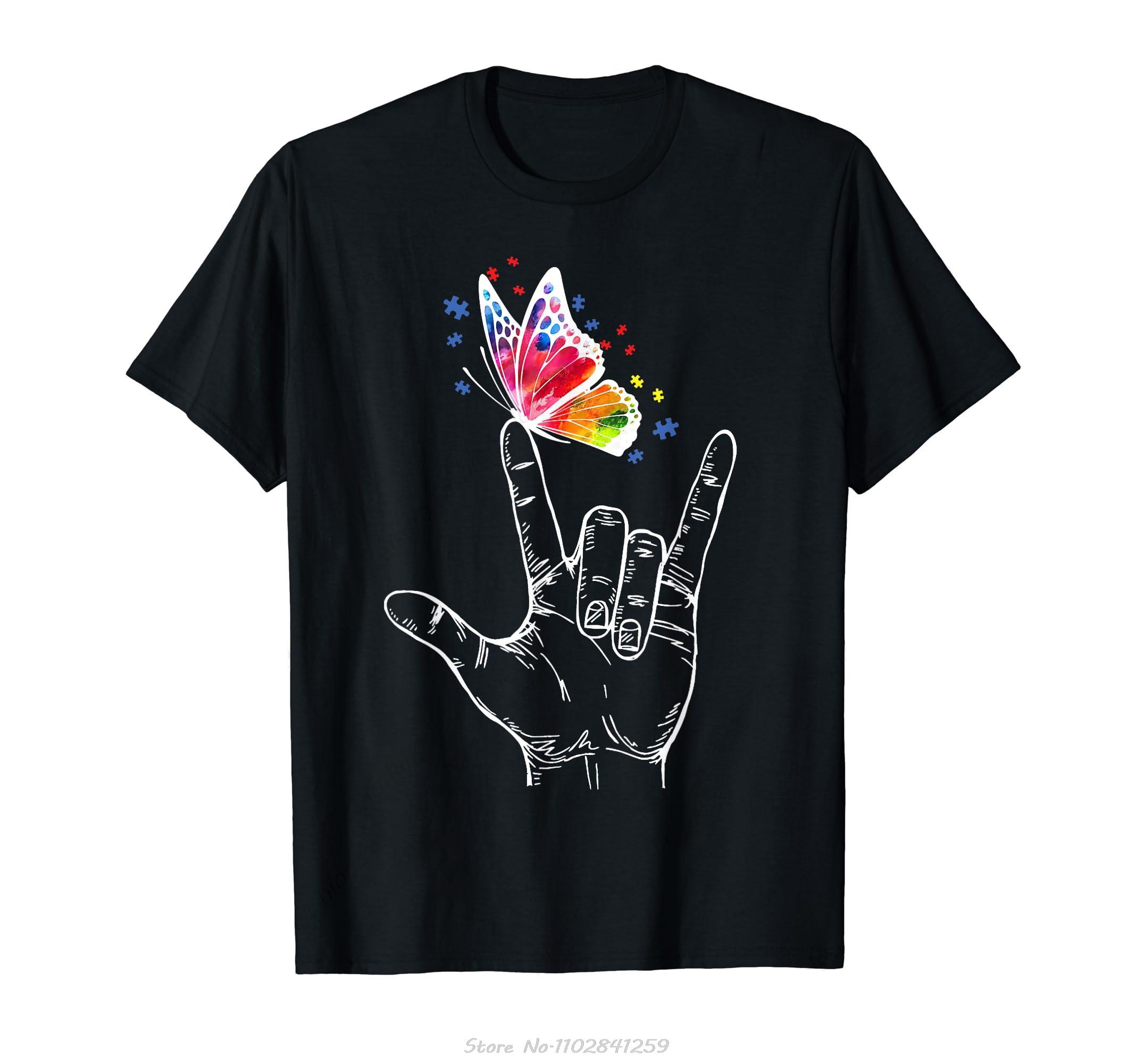 

I Love You Hand Sign Language Butterfly Autism Awareness Tshirt Retro Oneck Tshirt Women Clothing Tees Fashion Unisex T Shirt S