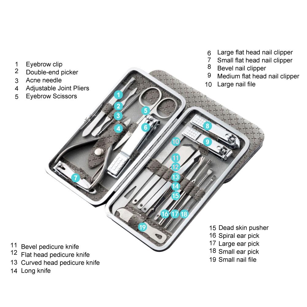 19pcs Stainless Steel Manicure Nail File Nail Clipper Ear Pick Eyebrow Scissors Grooming KitGray Black