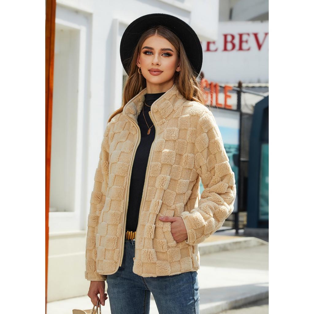 Jesień Zima 2025 Nowa Damska Kurtka Polarowa Długi Rękaw Zapinana na Zamek Luźna Jednolita Kolorowa Kraciasta Puszysta Kurtka
