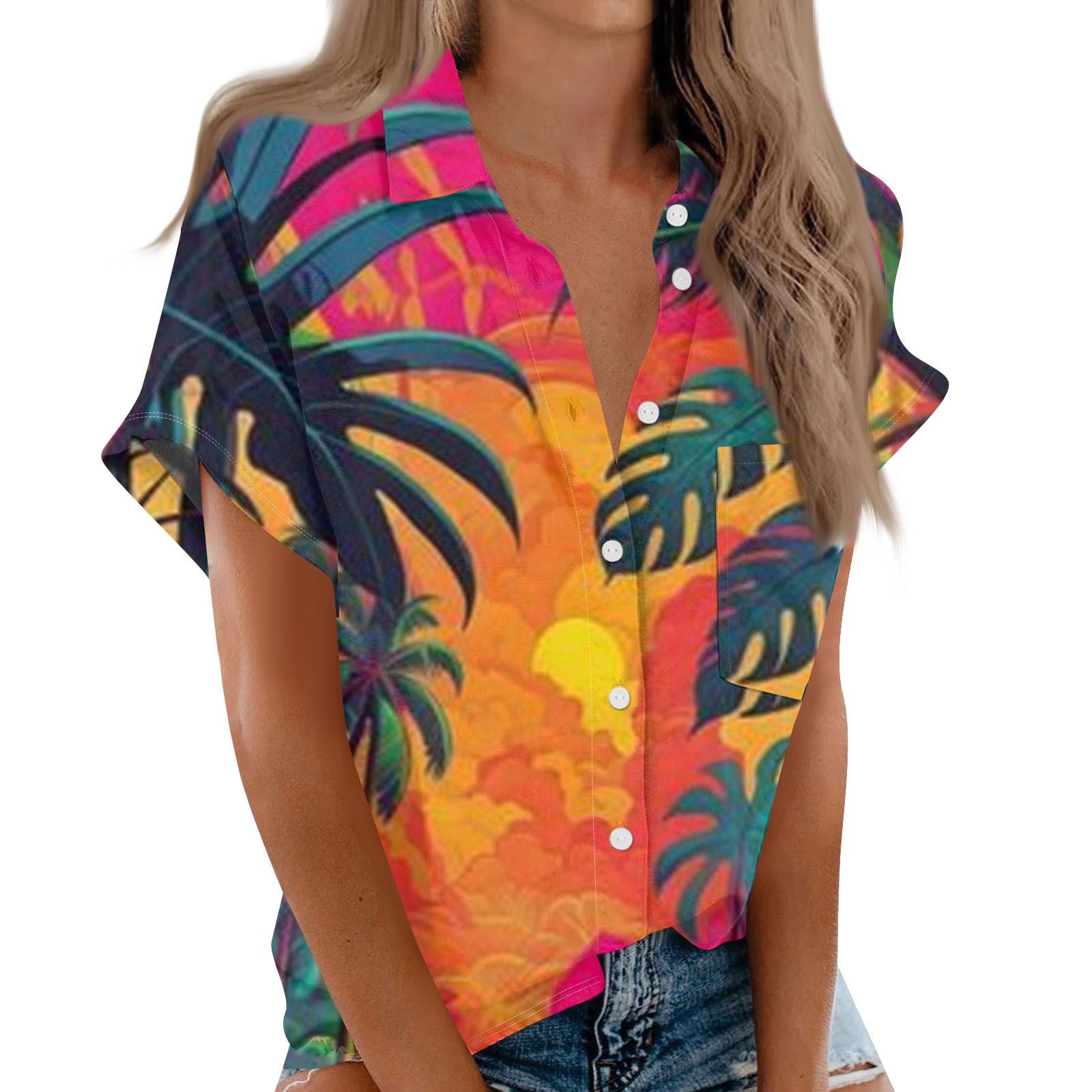 

Женская блузка-кардиган на пуговицах с короткими рукавами и принтом, топ с карманом L