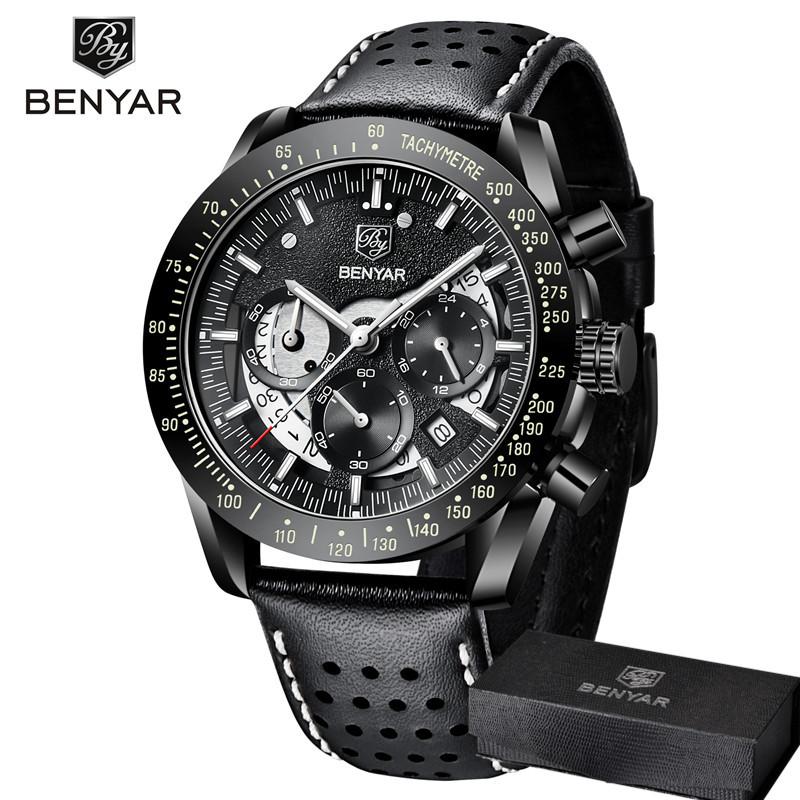 BENYAR Top Brand Luxury Watch Men Sport Quartz Male Chronograph Date Clock Military Army Black Genuine Leather Wristwatch 5120