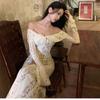 French One-word Shoulder Lace Long-sleeved Dress Women's Autumn Temperament High-end Sexy and Beautiful Dress Hip-wrapped Long Skirt