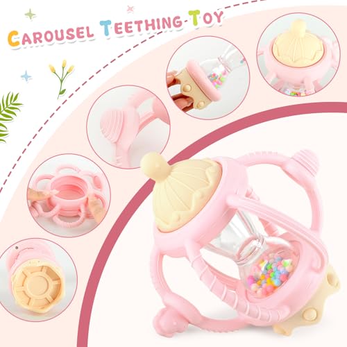 2 Pack Teething Toys for Babies 6-12 Months, Sensory Teether Rings, Montessori Baby Rattle, Infant Chew Toys Gift for Boys Girls (Pink)