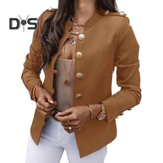 Women Suit Coat Stand Collar Long Sleeve Single Breasted Suit Jacket Solid Color Slim Fit Office Business Outwear