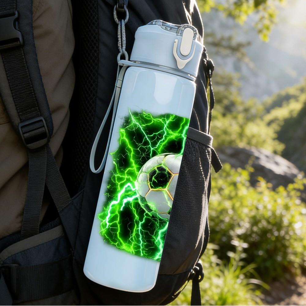 1PC Green Lightning Soccer Ball Print 750ml Color Plastic Sports Water Bottle Leakproof Flip Straw Lid Suitable for Sports Office Home Use