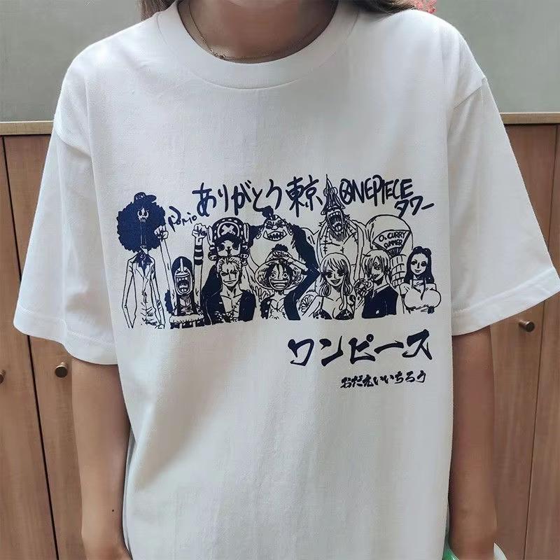 Miniso One Piece Luffy Zoro Sanji Nami Crew Printed Pattern Summer New Short Sleeve Pure Cotton Couple TShirt Anime Plus Size