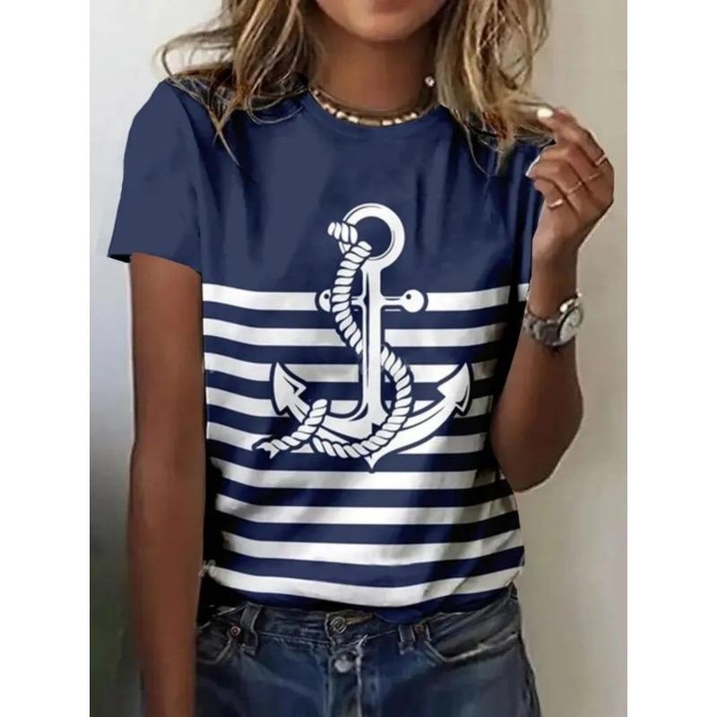 Women's 3D Printed T-Shirt Colorful Striped Boat Anchor Pattern Print Short Sleeve O-Neck Pullover Casual Top