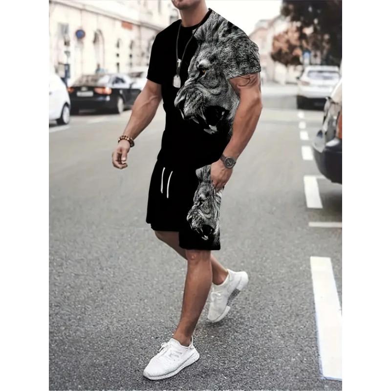 3D Wolf Print Blue Base Summer Men Short Sleeve Suit Short Sleeve Shorts 2 Pieces Casual Fashion Street Clothing