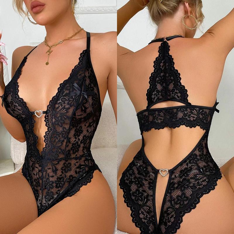 Transparent Crotchless Lingerie For Women Lace Deep V Sexy Baby Doll Dress Plus Size Bodysuit Hot Erotic Costumes Porn Underwear