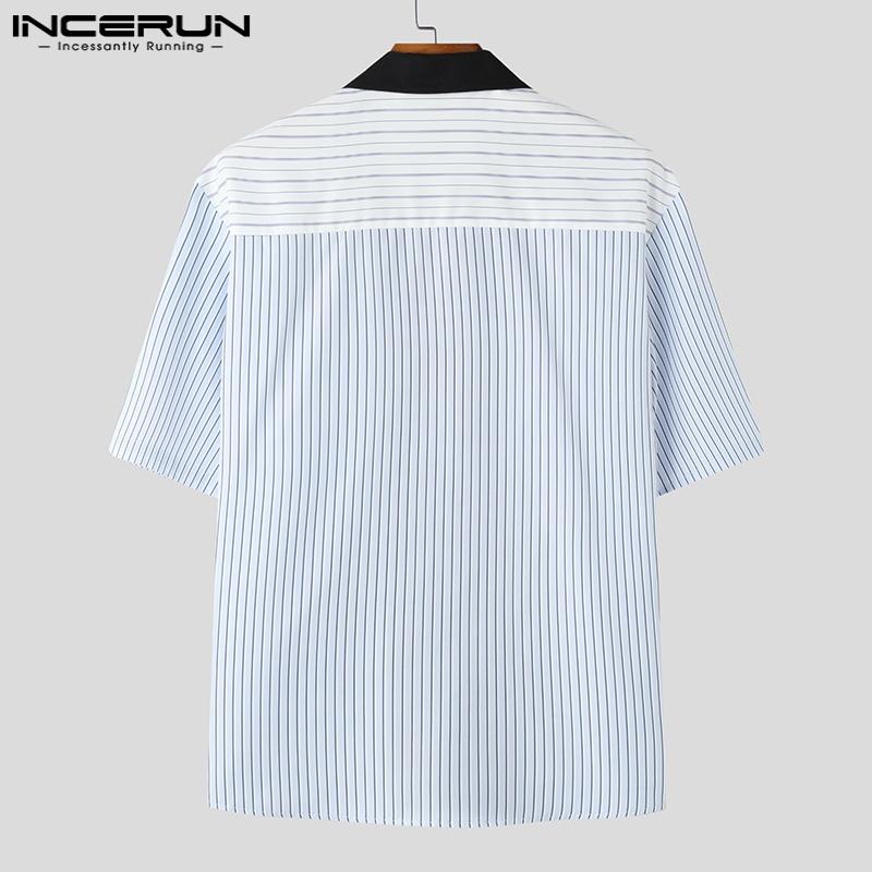 INCERUN Men Summer Oversized Short Sleeve Patchwork Striped Buttons Casual Shirts Tops