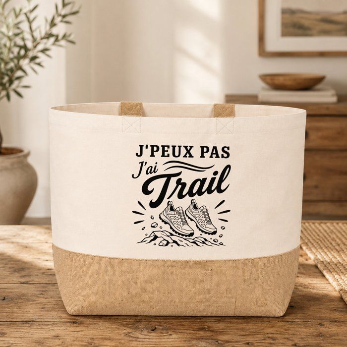 Sac J’peux pas j’ai Trail J'peux pas minimaliste | Cabas en Coton avec Fond Jute 18 L 48 × 37 × 13 cm | Marché Shopping Plage