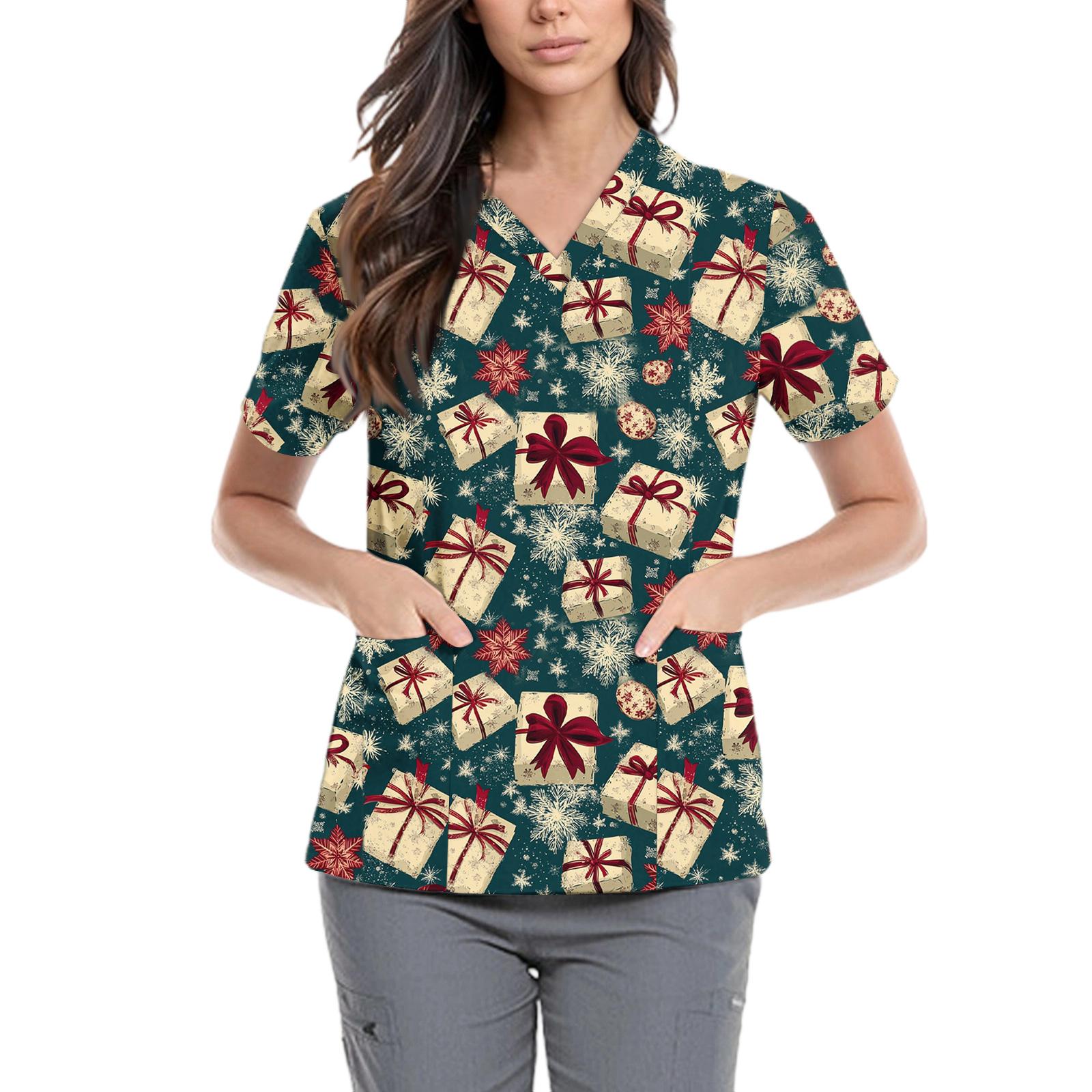 

Women s Cute Bow Printed Work Clothes V-neck Double Layer Pockets Basic Short Sleeve Top Pullover L